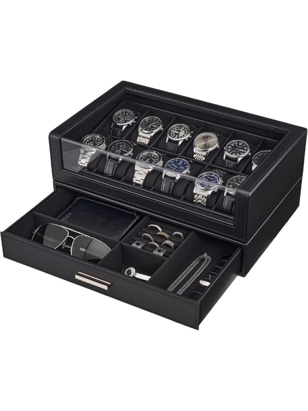 12-Slot Men's Watch Display Box - Elegant Black Storage Organizer for Watches